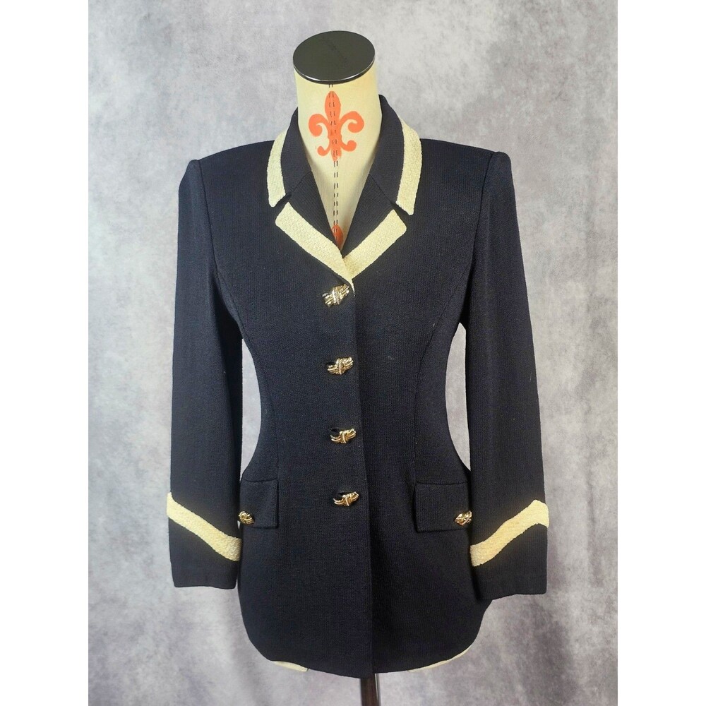 Gorgeous St. John Evening Cardigan Jacket Black Gold Metal Chain Button Womens 2